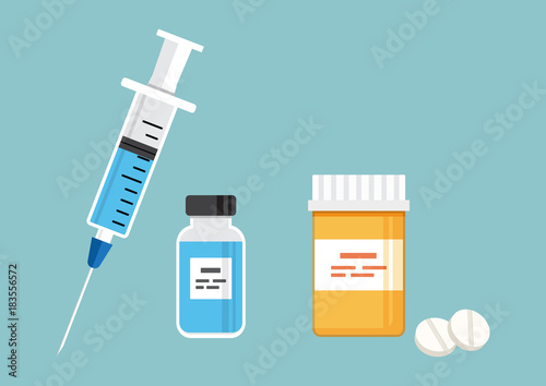 Syringe for injection with blue vaccine, vial of medicine, and medicine bottle and pills. Vector illustration