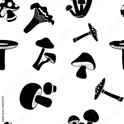 Seamless pattern, black mushrooms on a white background. Vector illustration