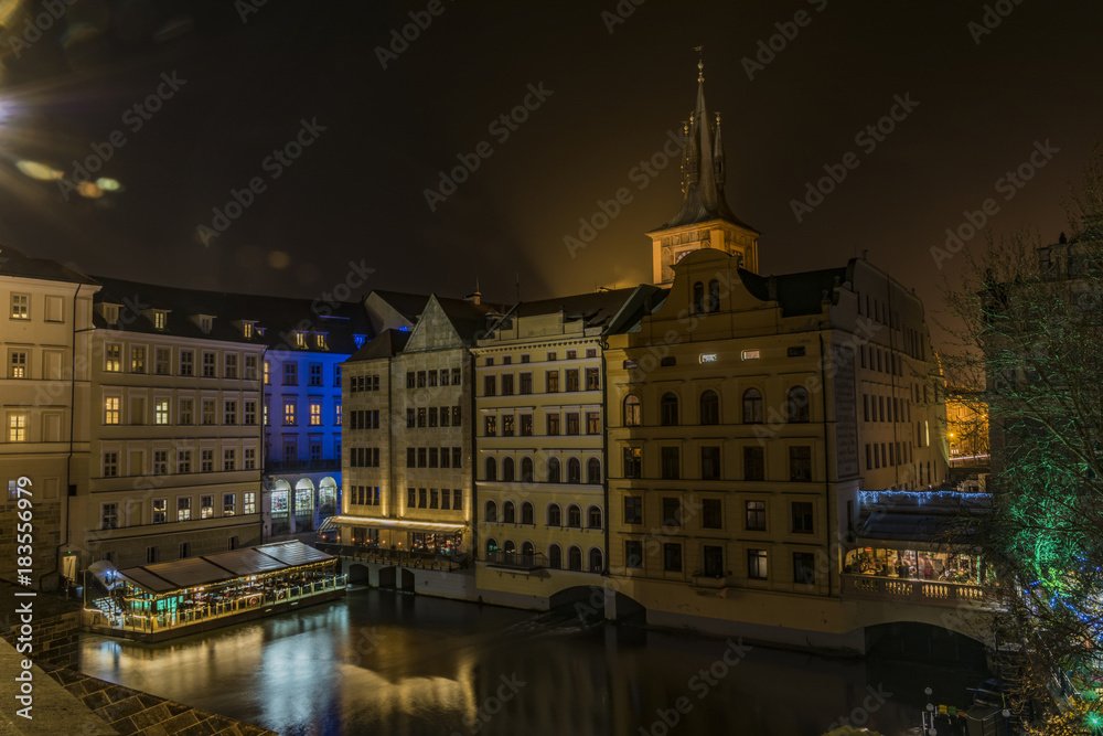View in autumn night Prague near Vltava river for old buildings View in autumn night Prague near Vltava river for old buildings