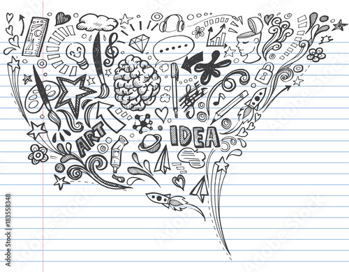 Creative art doodles hand drawn Design illustration on lined notebook paper