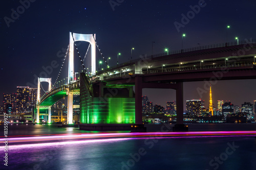 Photography Tokyo skyline with Rainbow bridge and Tokyo tower. Tokyo, Japan.