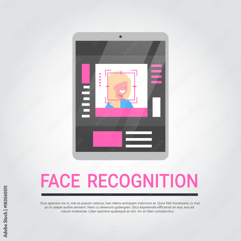 Face Recognition Technology Digital Tablet Security System Scanning Female User Biometric Identification Concept Vector Illustration Face Recognition Technology Digital Tablet Security System Scanning Female User Biometric Identification Concept Vector Illustration
