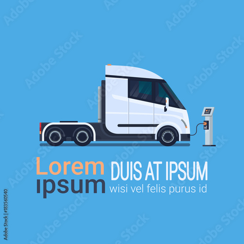 Modern Semi Truck Trailer Charging At Electic Charger Station Banner With Place For Text Vector Illustration