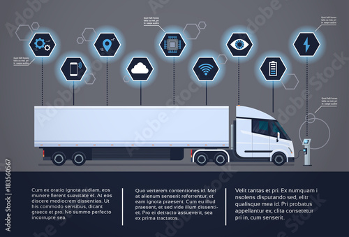 Set Of Infographic Elements With Modern Semi Truck Trailer Charging At Electic Charger Station Vector Illustration