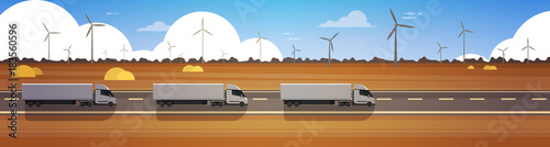 Line Of Cargo Semi Truck Trailers Driving Road Over Nature Landscape Horizontal Banner Vector Illustration