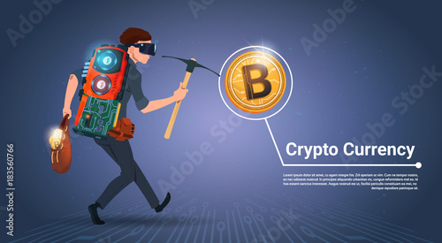 Man Holding Pickaxe Bitcoin Mining Concept Digital Money Crypto Currency Concept Vector Illustration