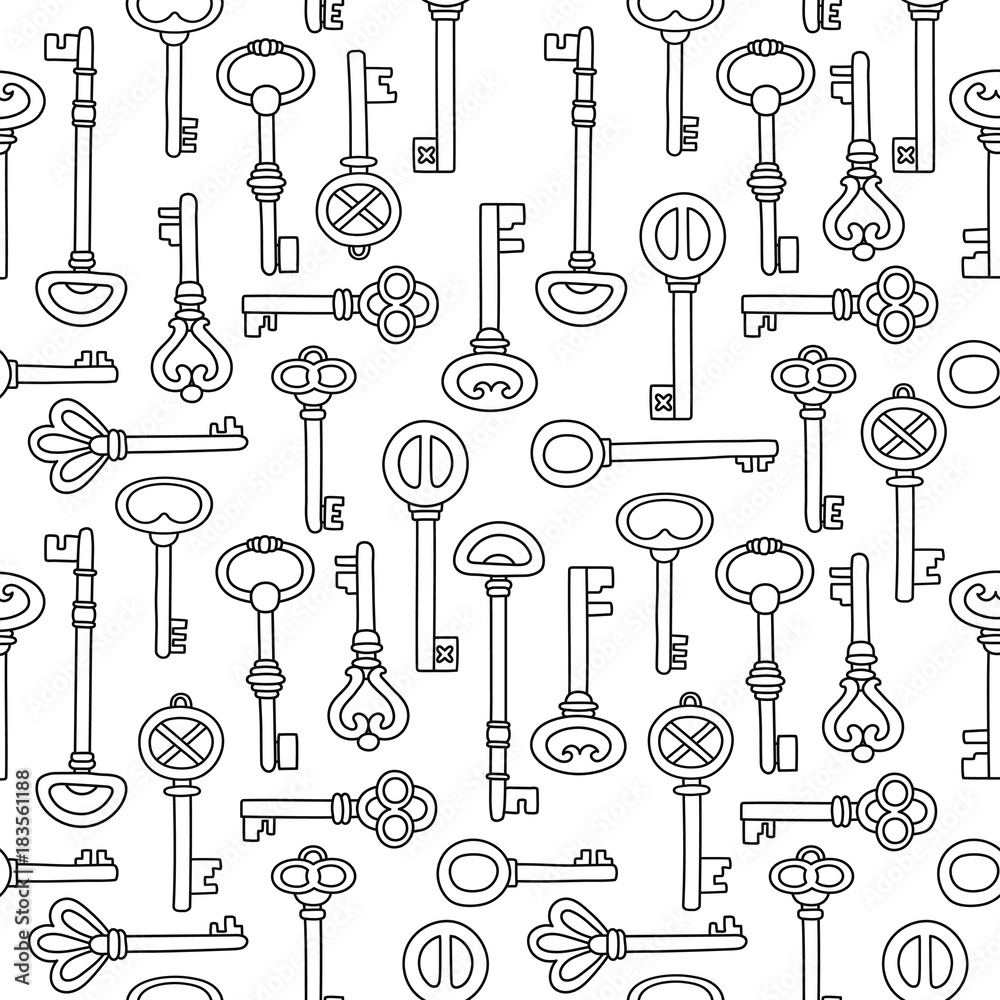 Fototapeta premium Vintage key seamless pattern, outlines, vector illustration