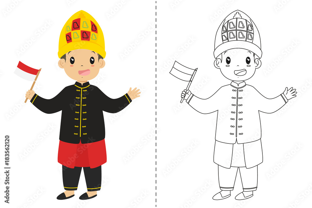 Φωτογραφία Indonesian boy wearing Aceh traditional dress and holding an Indonesian flag
