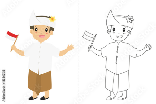 Indonesian boy wearing Bali traditional dress and holding an Indonesian flag. 
Children wearing Indonesian traditional dress, black and white outline cartoon vector for coloring page.