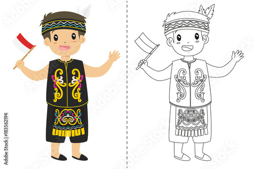 Indonesian boy wearing Dayak traditional dress and holding an Indonesian flag. 
Children wearing Indonesian traditional dress, black and white outline cartoon vector for coloring page.