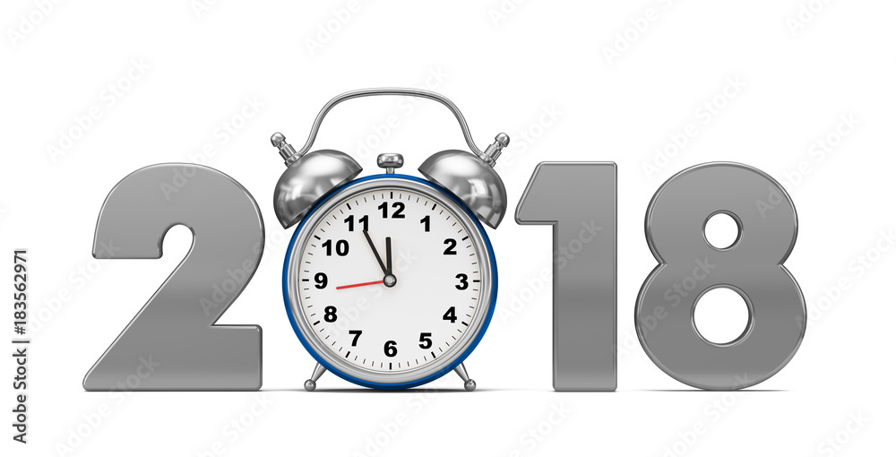 New Year 2018 metal inscription and blue alarm clock on a white background. 3d render illustration. New Year 2018 metal inscription and blue alarm clock on a white background. 3d render illustration.