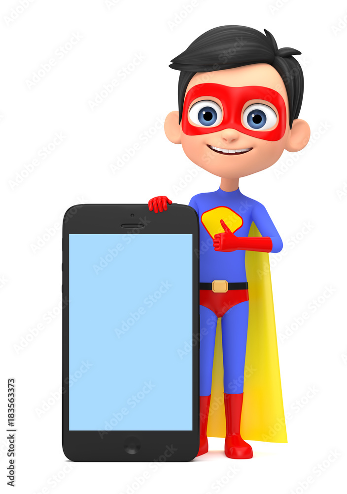 Boy with a mobile phone on a white background. 3D rendering illustration.