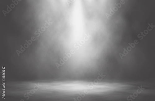 White spotlight smoke dim stage studio background.