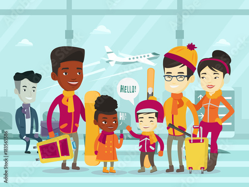 Diverse group of multiethnic tourists standing in the airport terminal and traveling together on winter holiday. African-american and asian families meeting at the airport. Vector cartoon illustration
