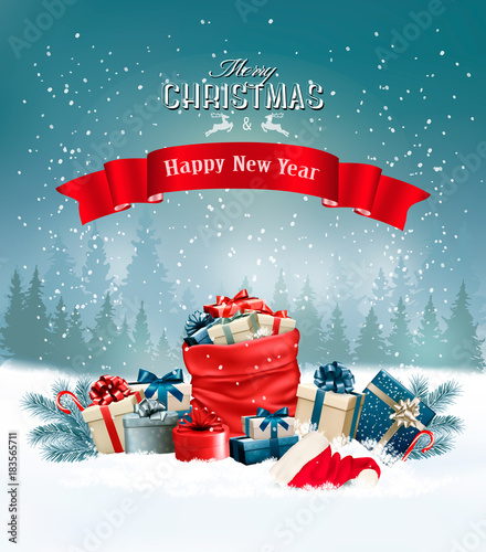 Christmas holiday background with a red sack full presents. Vector.