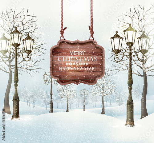Christmas winter landscape with lampposts and wooden board. Vector