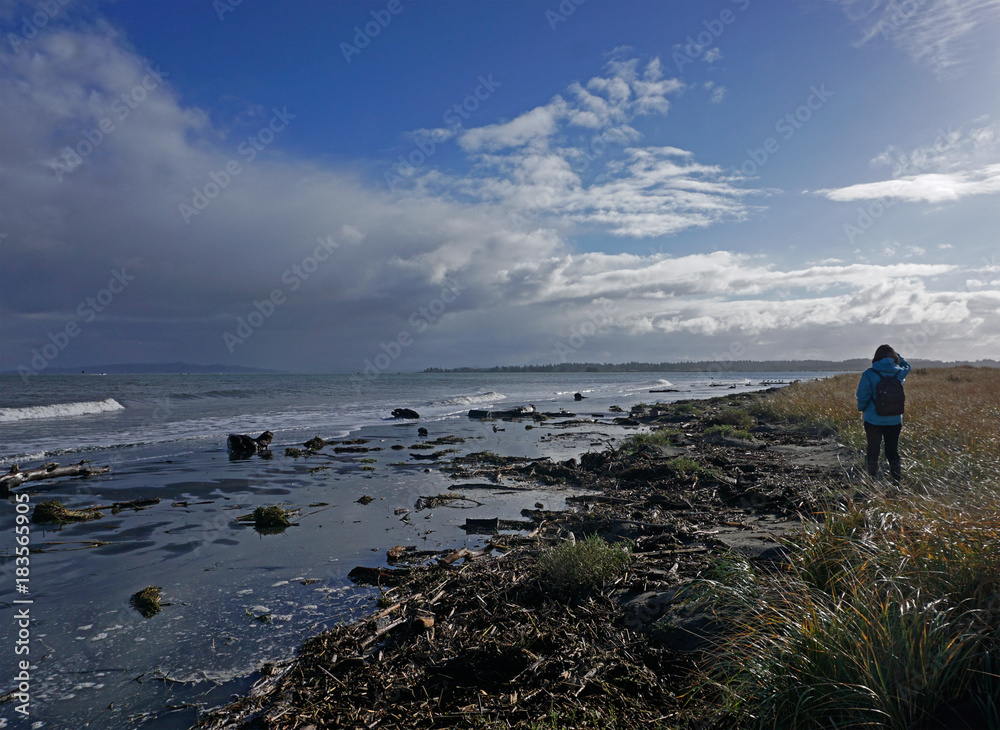 An unidentifiable beach comber at Fort Stevens State Park along the Columbia river in Warrenton Oregon.
