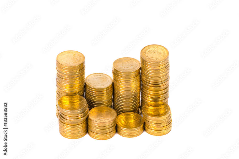 Columns of gold coins, piles of coins on white background Columns of gold coins, piles of coins on white background