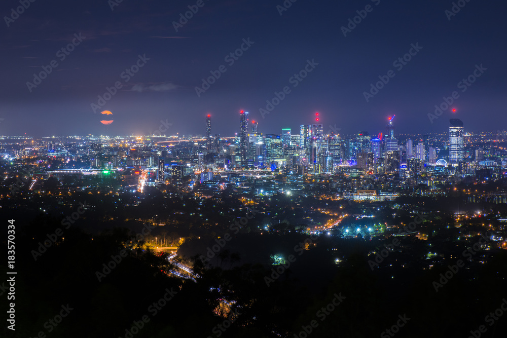 View of Brisbane from Mount Coot-tha at night. Queensland, Australia.