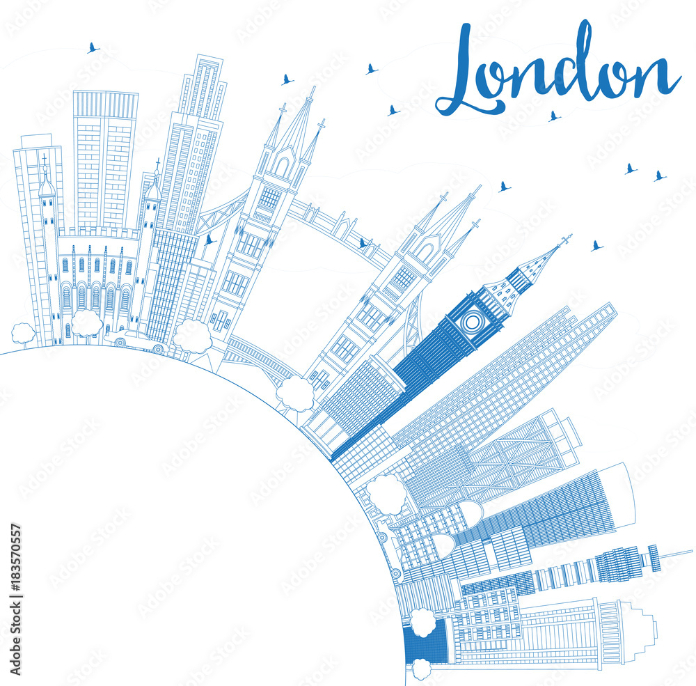 Outline London England Skyline with Blue Buildings and Copy Space.