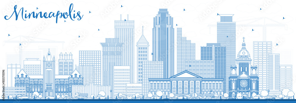 Outline Minneapolis Minnesota USA Skyline with Blue Buildings.