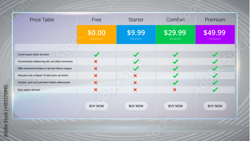 Banners with tariffs plan. Comparison of pricing table set for business, bullet list with commercial plan. Template for prices of business product.