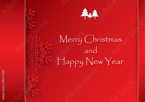 Red snowflake on red background, Christmas and Happy New Year vector illustration 3d paper art style