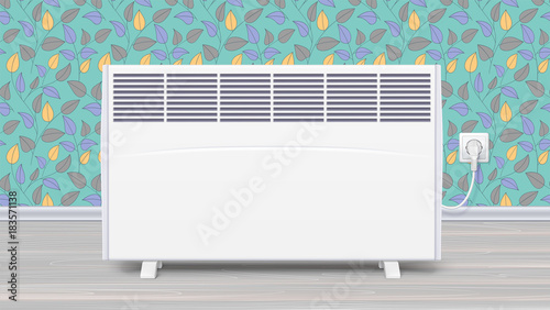 Electric panel of radiator appliance for space heating in the interior of room. Domestic electric heater with plug and electric cord. Icon of home convector, 3D illustration