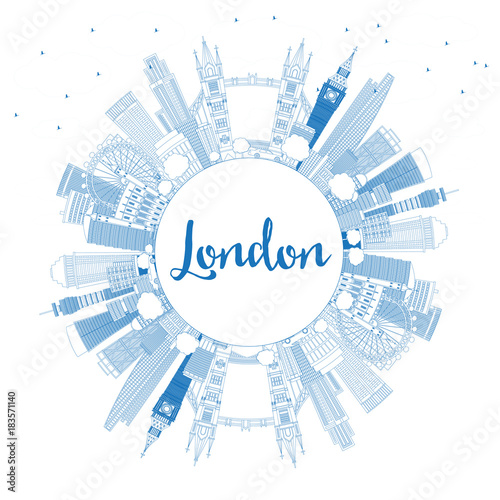 Outline London England Skyline with Blue Buildings and Copy Space.