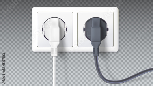 Realistic black and white plugs inserted in electrical outlet, isolated on transparent. Icon of device for connecting electrical appliances, equipment. Electric plugs in socket. 3D illustration.