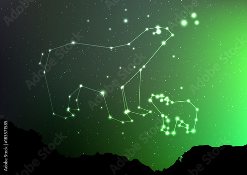 Ursa Minor and Major on nigt sky with forest landscape. Bear in shiny constellation and star poligon in northern hemisphere with Northern Lights. Starry minor and major Ursa