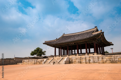 Suwon, South Korea - Yeonmudae in Hwaseong Fortress, Korea’s World Heritage. (Sign board text is 