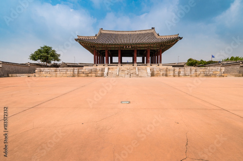 Suwon, South Korea - Yeonmudae in Hwaseong Fortress, Korea’s World Heritage. (Sign board text is 
