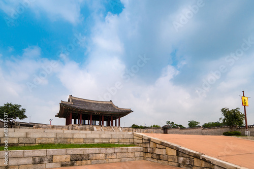 Suwon, South Korea - Yeonmudae in Hwaseong Fortress, Korea’s World Heritage. (Sign board text is 