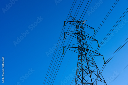 electricity transmission and blue sky at dusk , Power Tower  at bangkok in thailand