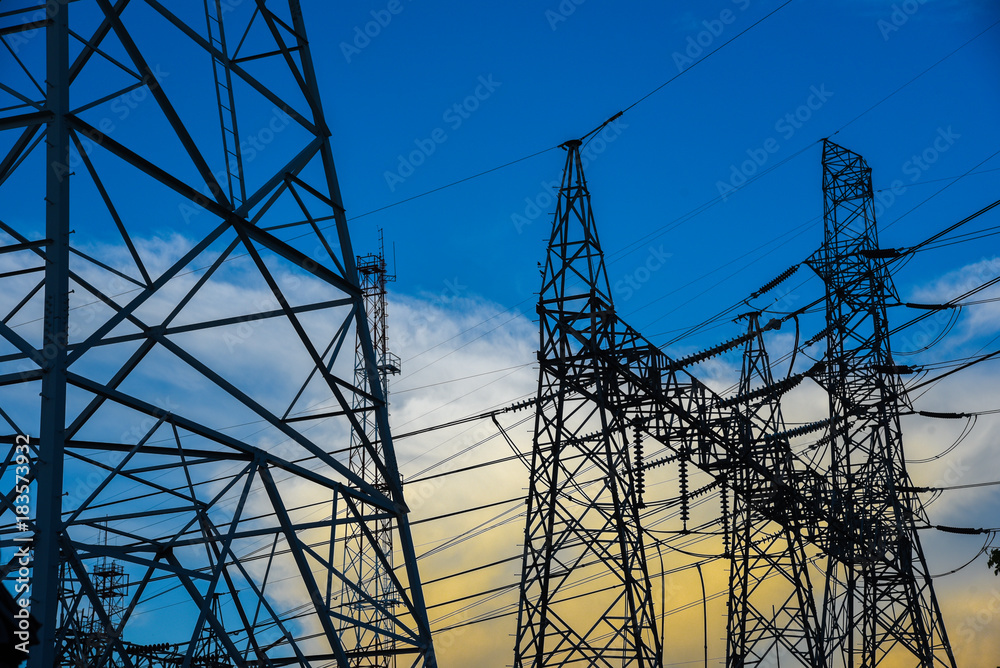 electricity transmission and blue sky at dusk , Power Tower  at bangkok in thailand