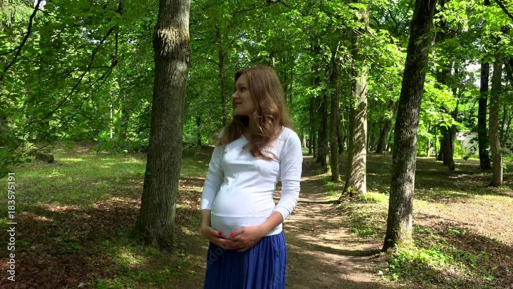 Pregnancy and leisure concept. Pregnant woman in park on summer Pregnancy and leisure concept. Pregnant woman in park on summer