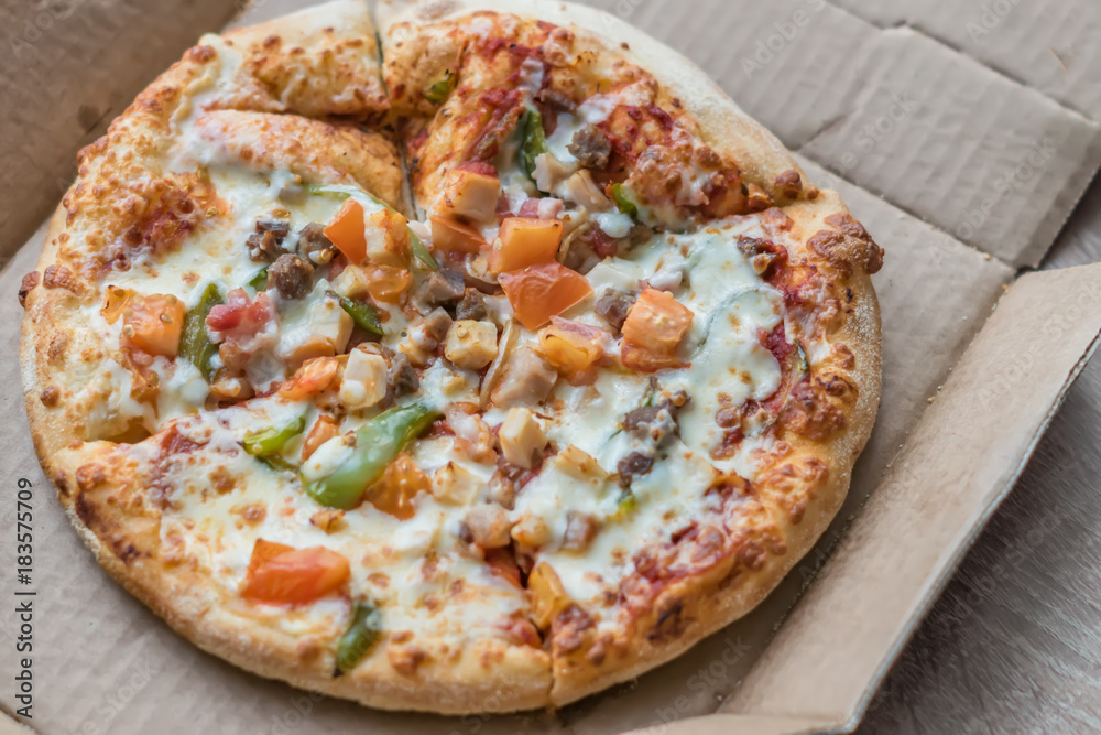 closeup of Pizza in a cardboard box , pizza delivery