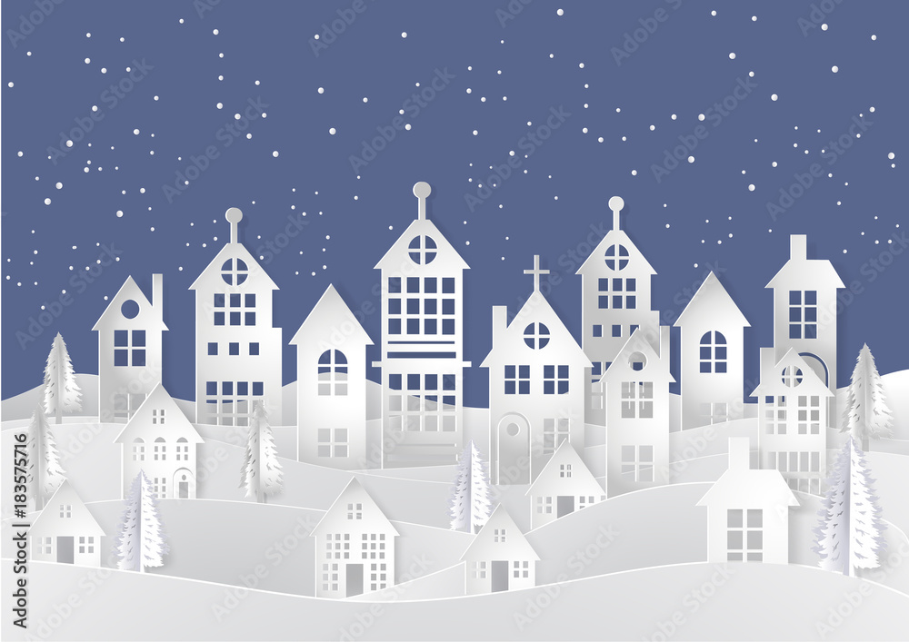 Winter Snow Urban Countryside Landscape City Village,Christmas season paper art style