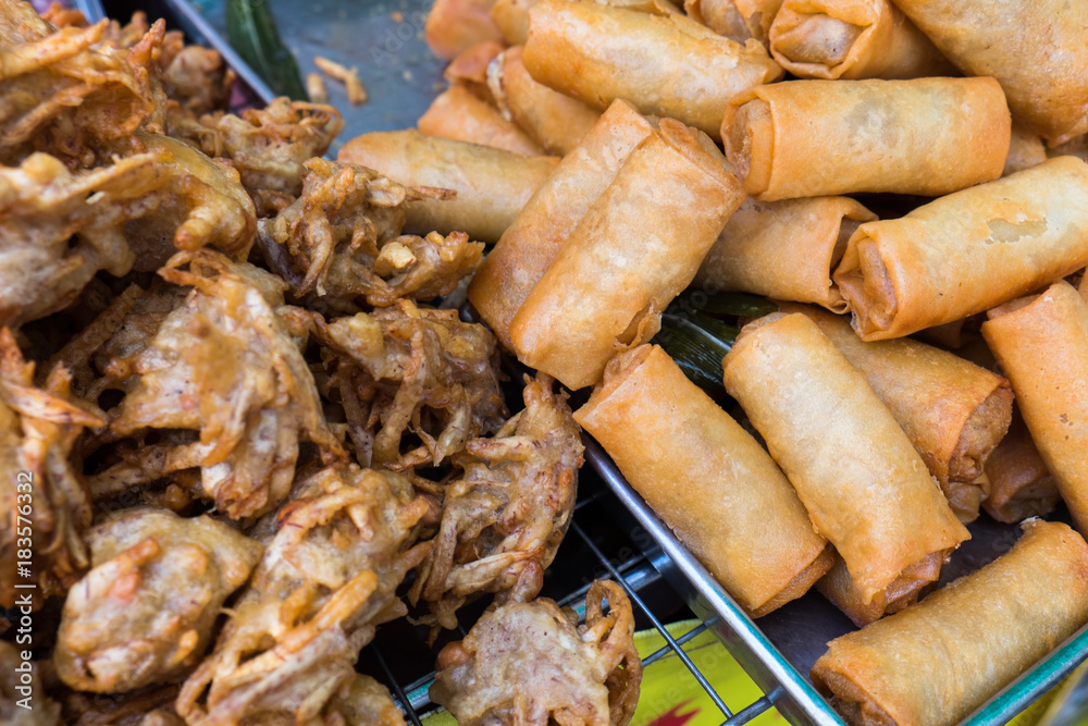 Fried spring rolls and Fried taros on street food Fried spring rolls and Fried taros on street food