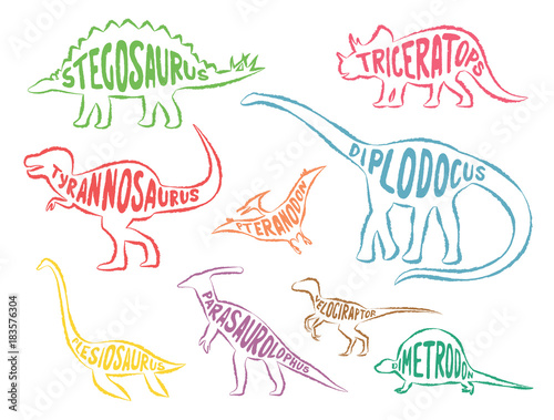 Set of colorful dinosaurs with lettering, isolated on white background, vector illustration.