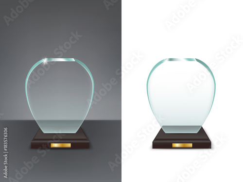 Realistic glass trophy, sport and business award, prize to the winner of the competition, winning cup, vector isolated illustration, front view