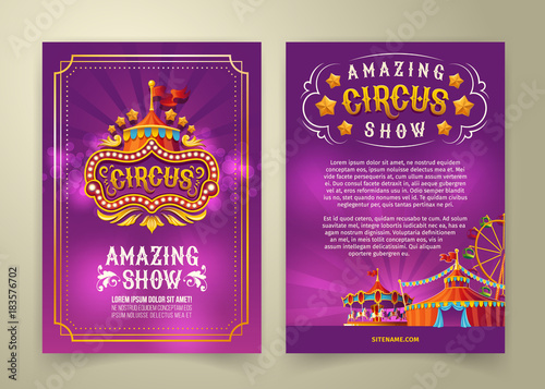Vector circus flyer, cartoon banner, purple background with vintage emblem of the cirque and space for your text. Poster for advertising an amazing circus show, invitation, admission ticket photo