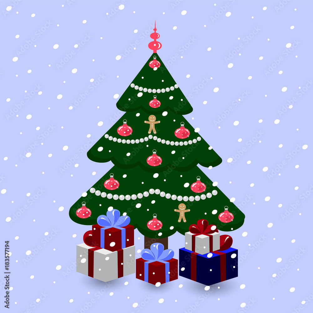 Decorated Christmas tree with gifts on a snowy background