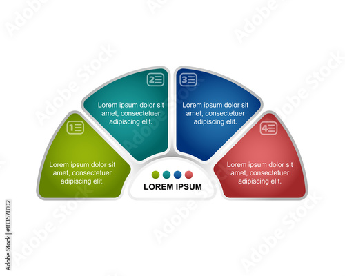 Semicircle infographic template. 4 bright elements for text and additional in center. For presentation and reports. Vector illustration.