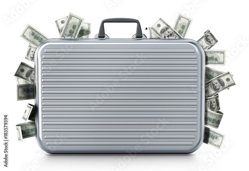 Dollar piles inside briefcase. 3D illustration