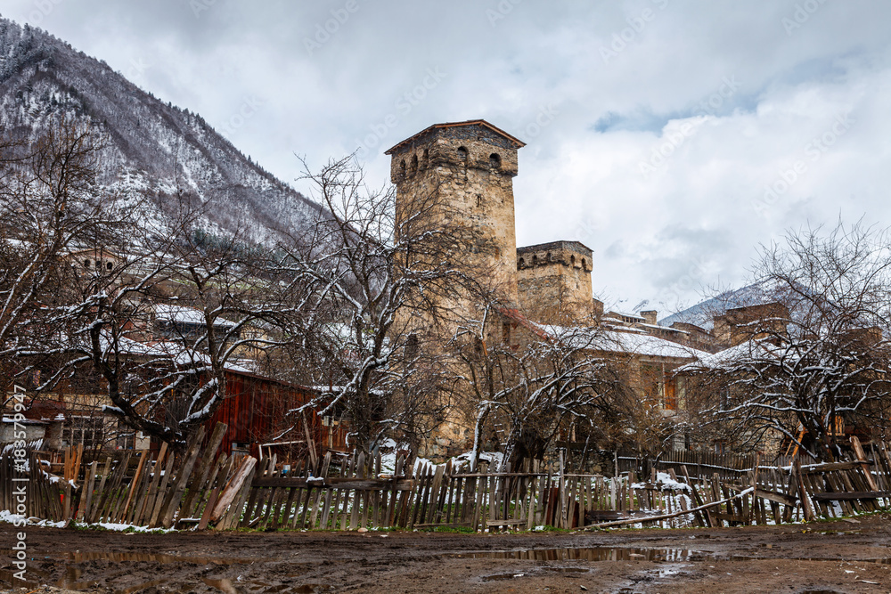 Panoramic view on Medieval towers and village in Mestia in the Caucasus Mountains, Upper Svaneti, Georgia.