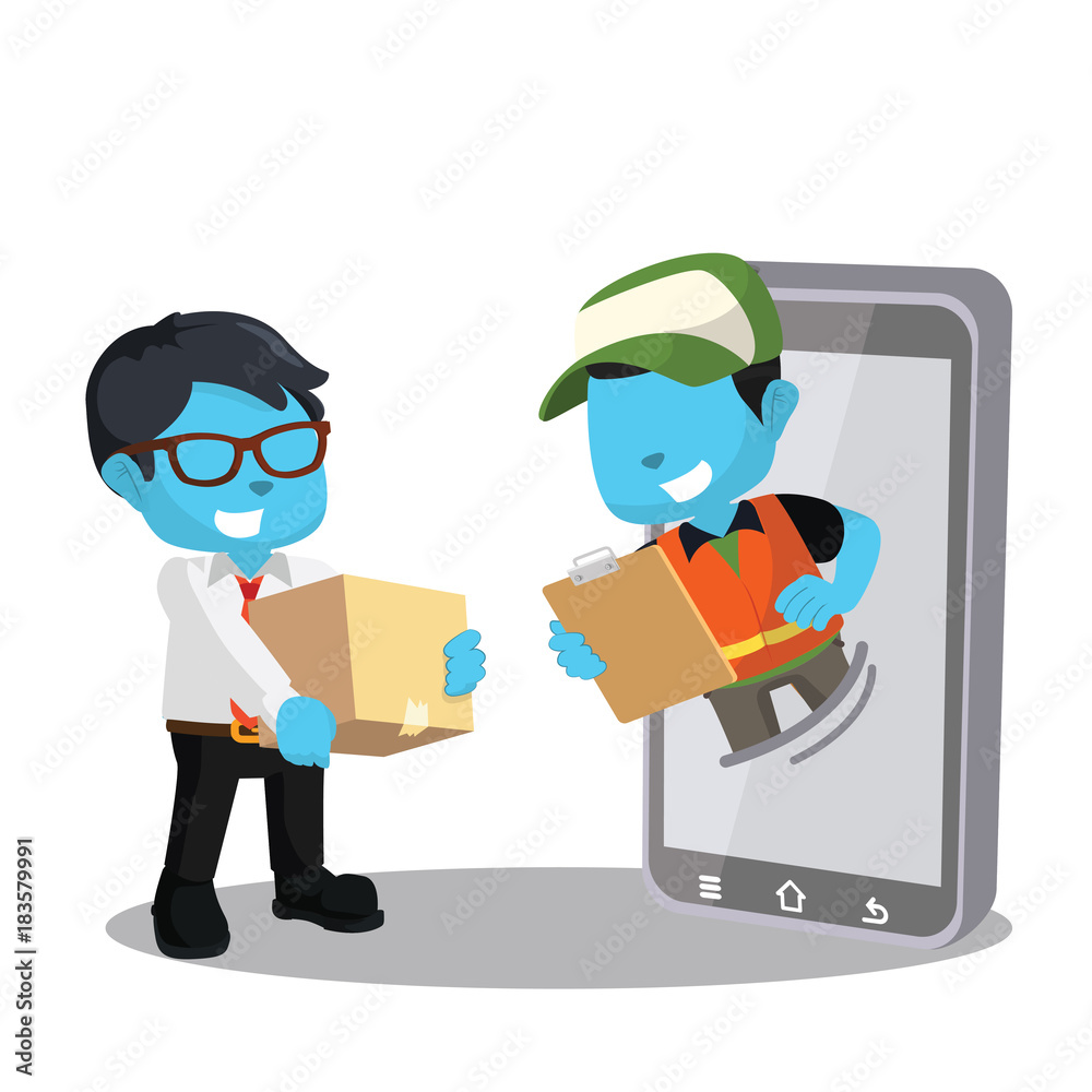 Blue businessman get his box from order– stock illustration
