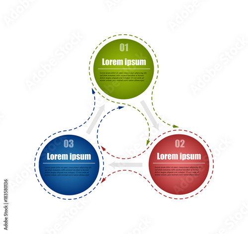 Circle infographic template with 3 option. Colorful rounds with connecting arrows. For presentation and reports. Vector illustration.