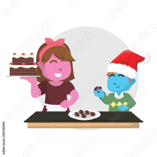Blue boy eating christmas cake    stock illustration  